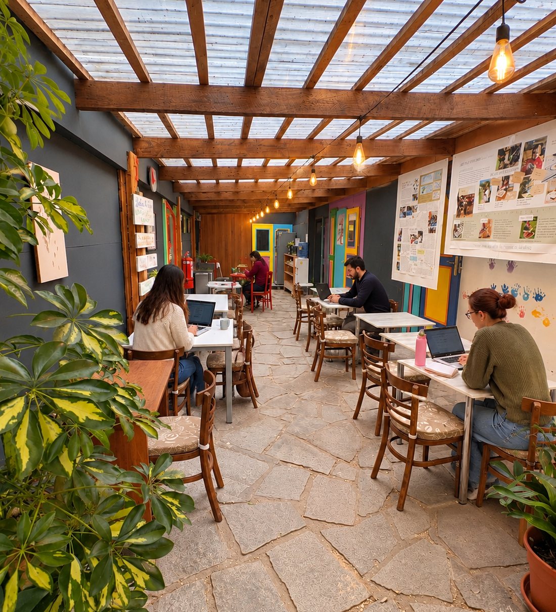 El co-work de Bianca Stella: adultos trabajando con sus notebooks bajo la pérgola